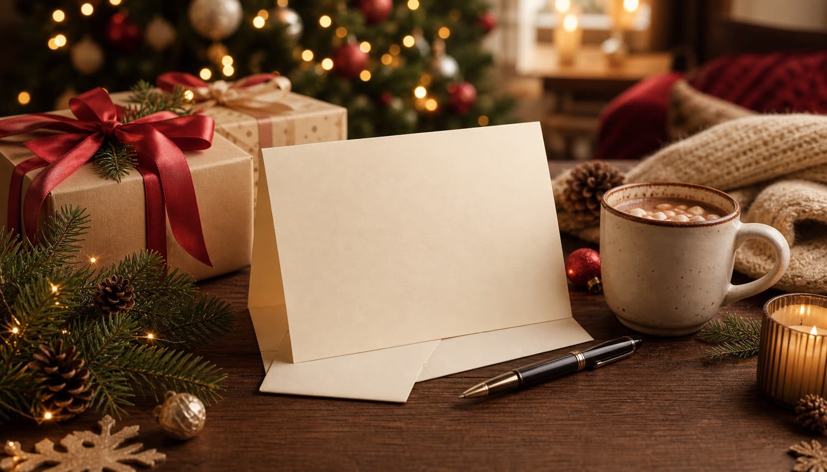 A cozy Christmas card writing scene with a blank card, evergreen branches, wrapped gifts, cocoa, candles, and holiday lights.