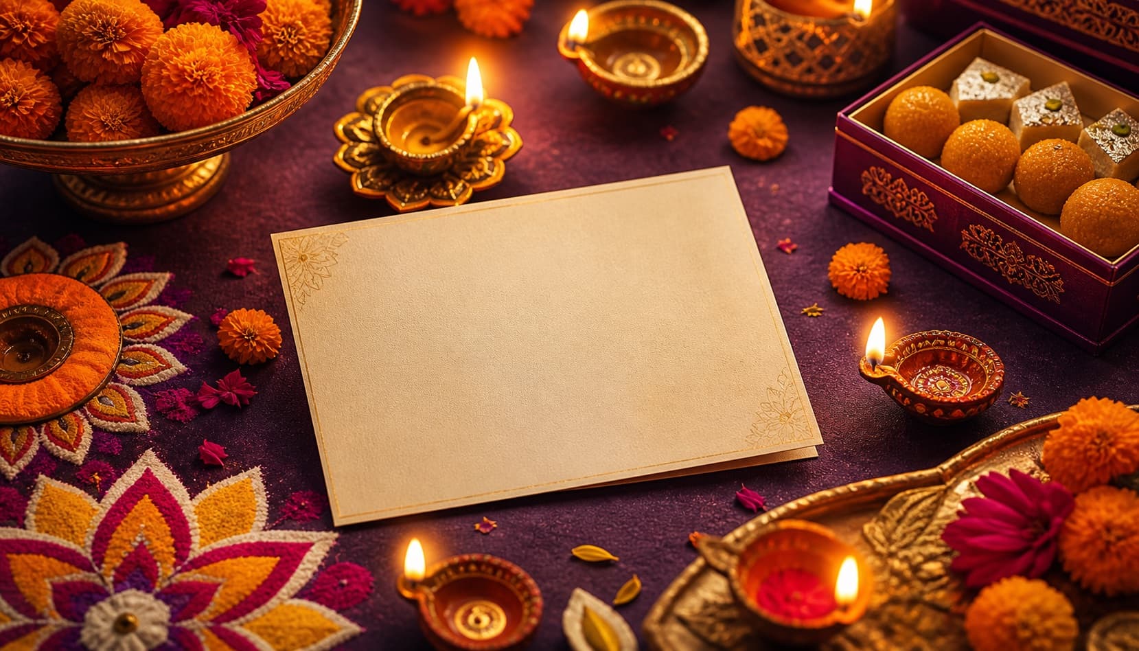 A Diwali greeting card scene with a blank card, glowing diyas, marigold flowers, rangoli, and Indian sweets.