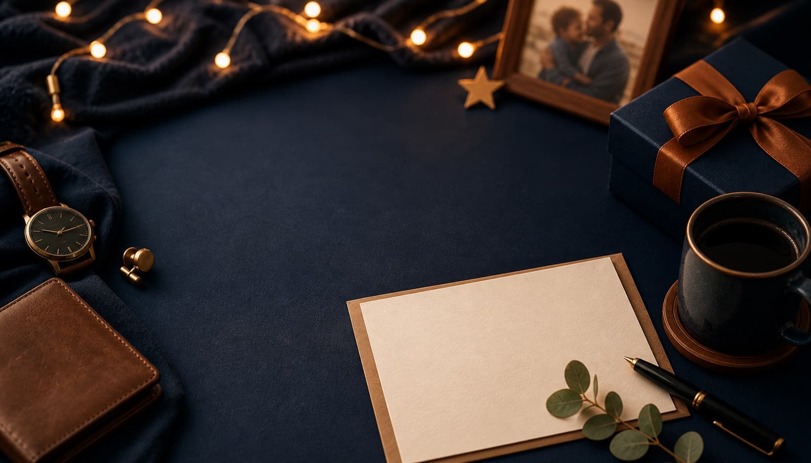 A Father's Day card writing scene with a blank card, coffee, gift box, watch, and framed father-child photo.