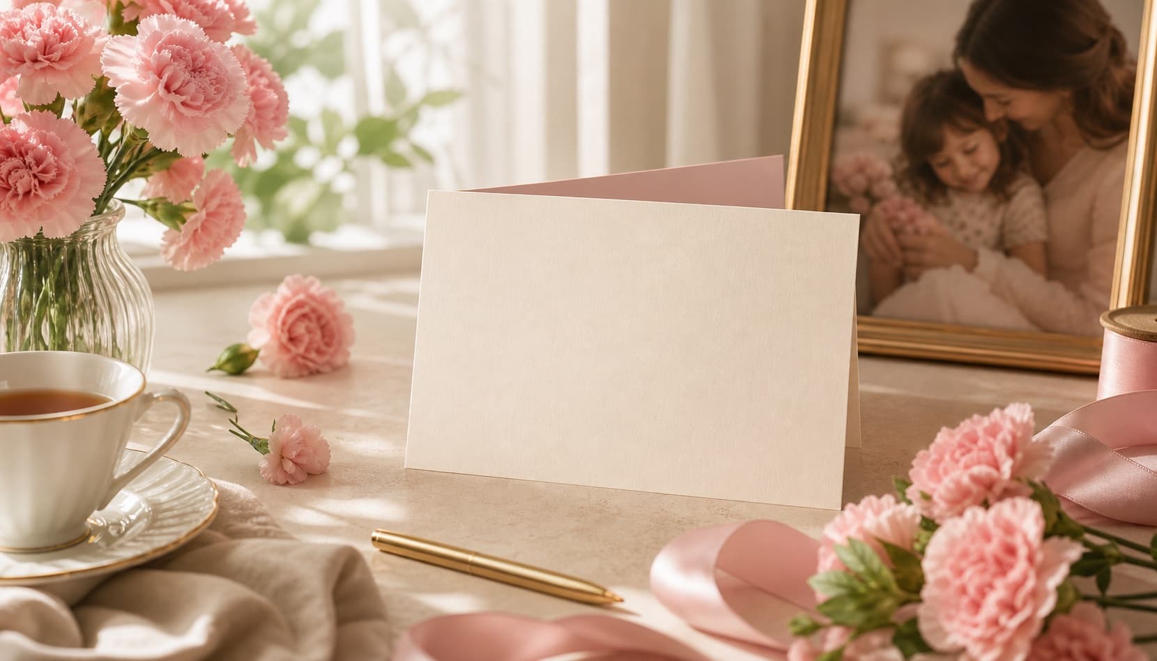 A Mother's Day card writing scene with pink carnations, tea, ribbon, and a softly framed mother-child photo.