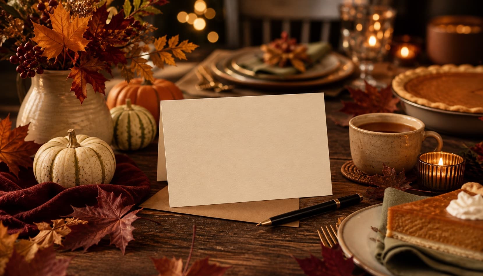 A Thanksgiving card writing scene with a blank card, autumn leaves, pumpkins, pie, cider, and a warm dinner table.