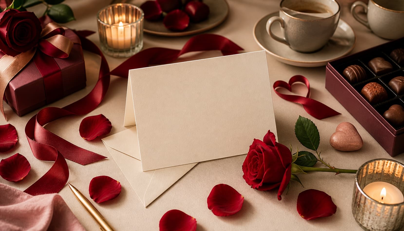 A Valentine's Day card writing scene with a blank card, red roses, ribbon, candles, chocolates, and coffee cups.