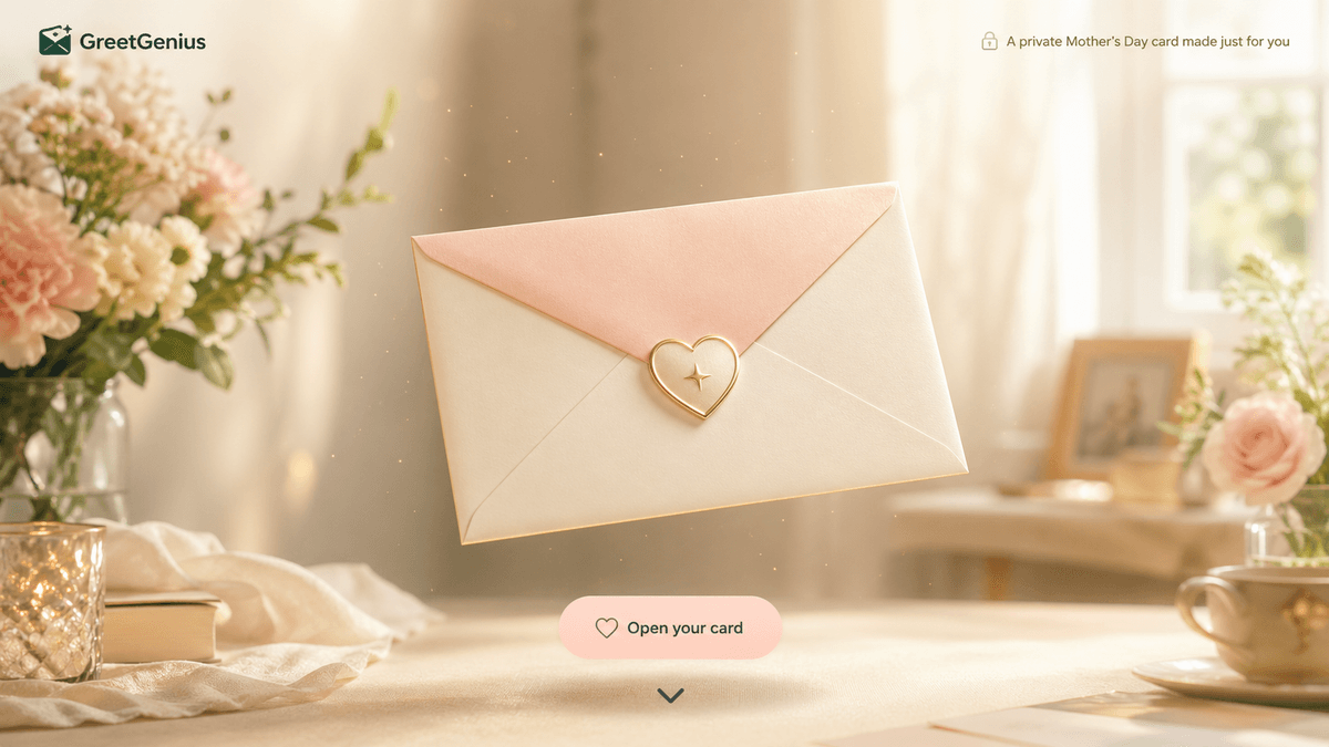 A private card link opens as an elegant sealed envelope